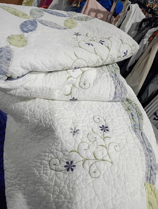 Modern Heirloom Gwen Floral Other - HEAVY VINTAGE Quilted Floral Bedspread with Lavender and Light Green Embroidery
